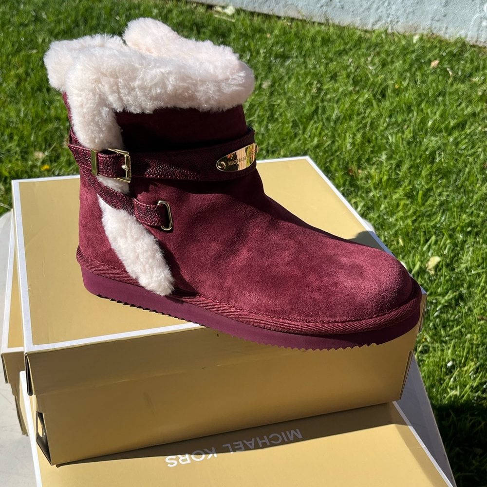 Michael Kors Tracy Winter Boots Seude Faux Fur Lining Merlot New